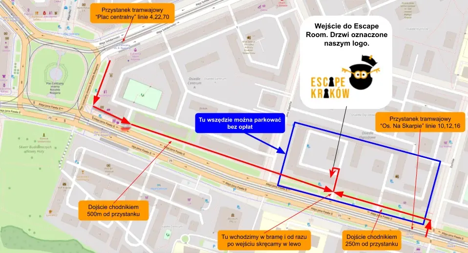 Plan dojazdu do Escape Kraków